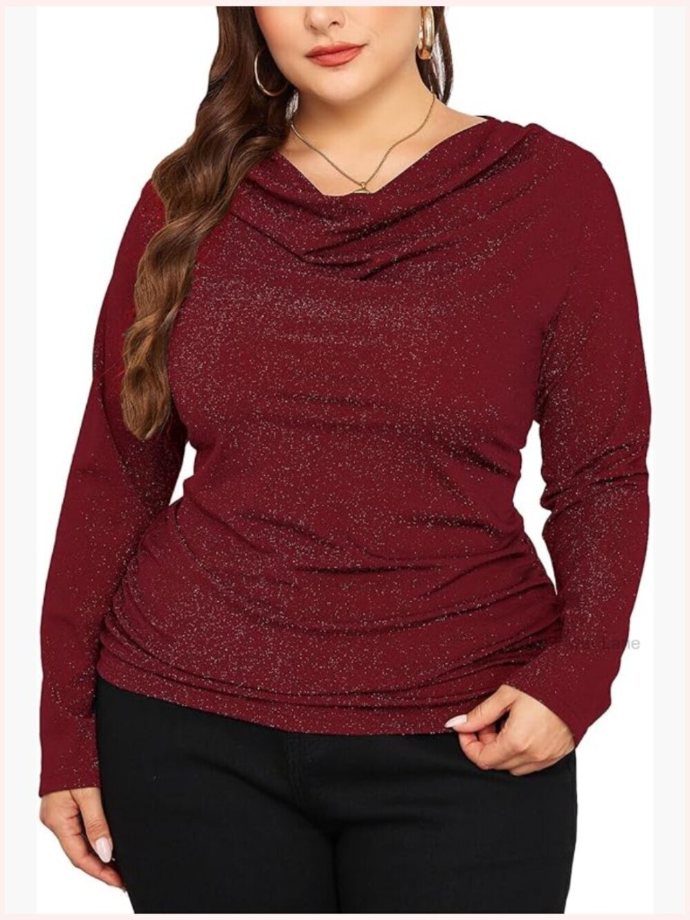 Plus Size Sparkly Cowl Neck Ruched Top Sequin Party Blouse